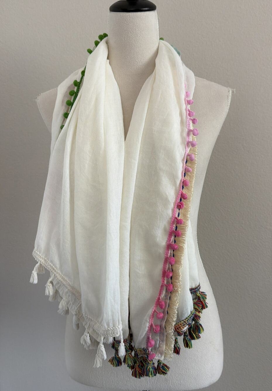 Steve Madden Scarf One Size Ivory Various Colored Tassels Cotton Blend Boho Wrap